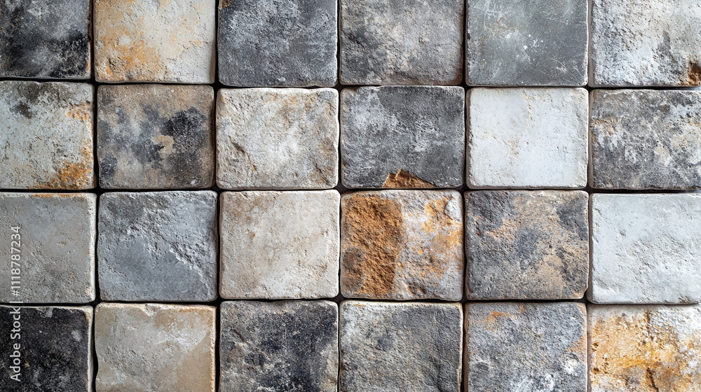 Fototapeta premium Aged weathered square tile, worn wall architecture bathroom wallpaper, old cement pattern gray texture, vintage rough textured, stone decorative.