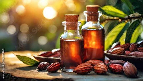 Bottles of oil on a wooden stump surrounded by leaves. Natural extraction from organic nuts photo