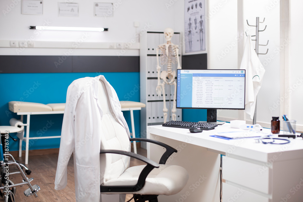 © DC Studio - Empty medical office with no people inside, having clinical equipment and computer ready for healthcare use. Modern desktop pc in vacant hospital room displaying patient diagnostic data. © DC Studio - Empty medical office with no people inside, having clinical equipment and computer ready for healthcare use. Modern desktop pc in vacant hospital room displaying patient diagnostic data.