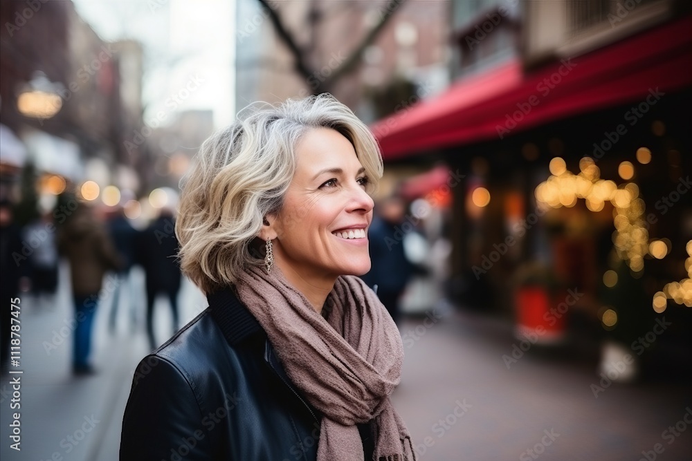 Portrait of a happy senior woman walking in the city at Christmas time Portrait of a happy senior woman walking in the city at Christmas time