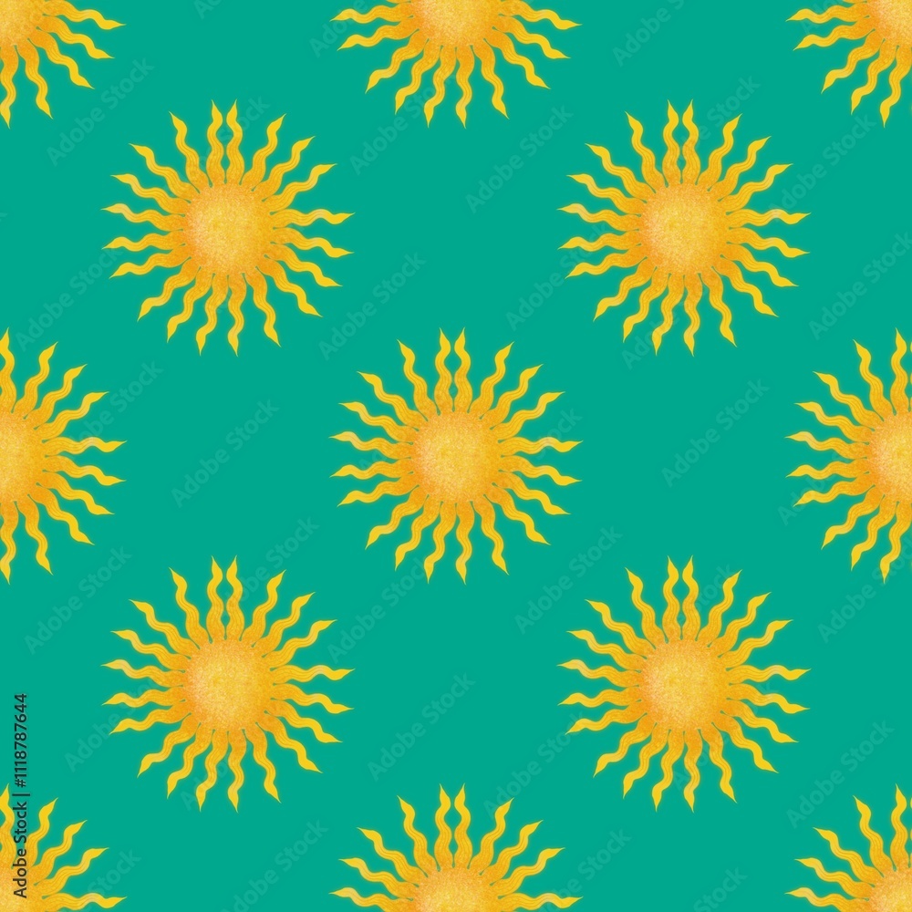 Big Sun Design Seamless Pattern on a Peacock Background Big Sun Design Seamless Pattern on a Peacock Background