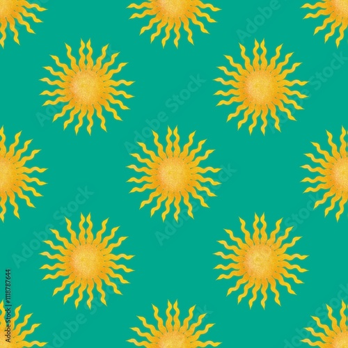 Big Sun Design Seamless Pattern on a Peacock Background