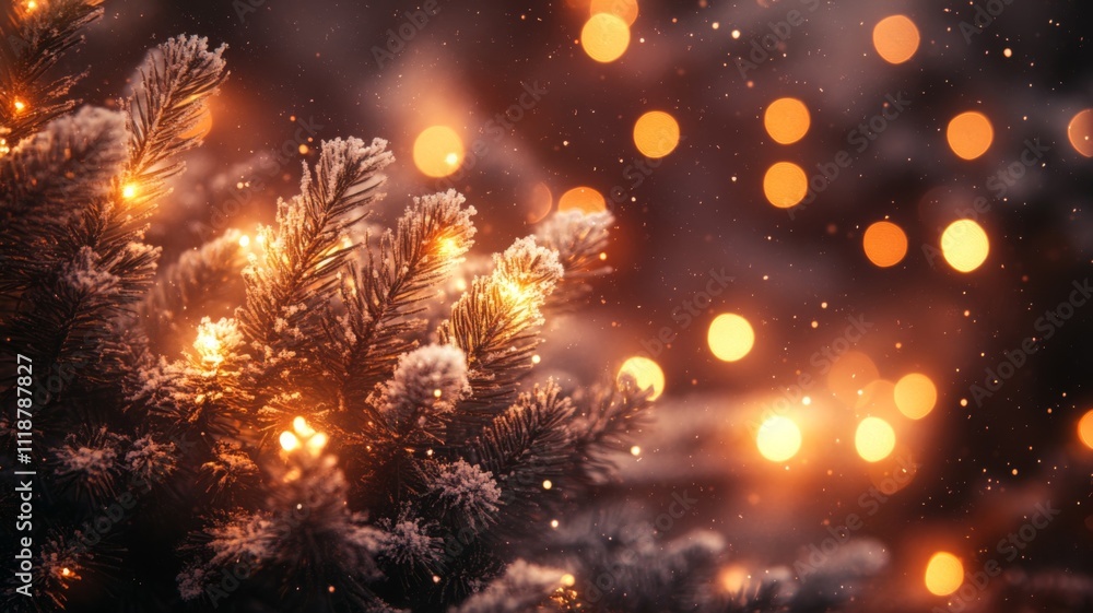 Fototapeta premium Close-up of a Snow-Covered Pine Branch with Warm, Blurred Lights