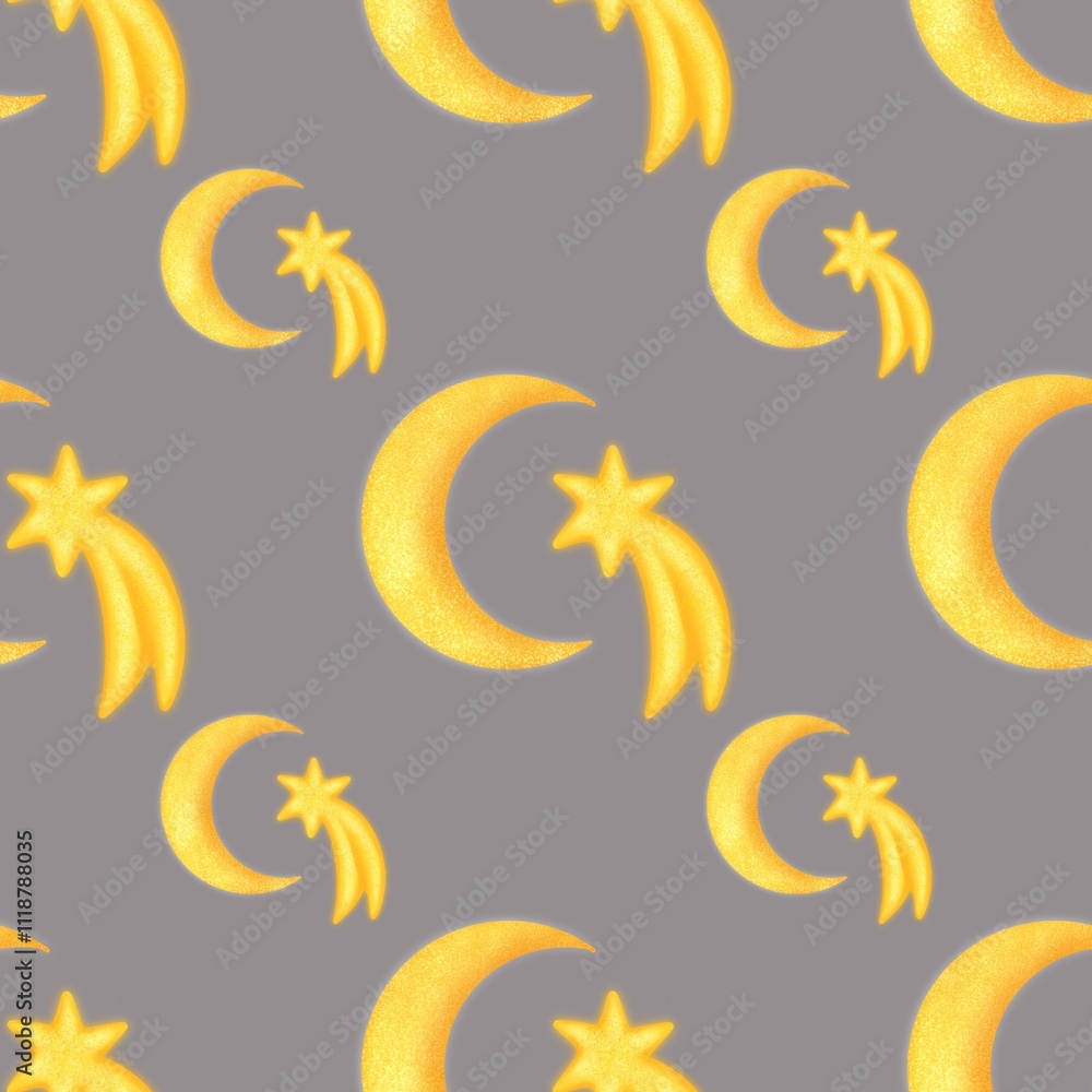 Small Moon and Shooting Star Design Seamless Pattern on a Gray Background Small Moon and Shooting Star Design Seamless Pattern on a Gray Background