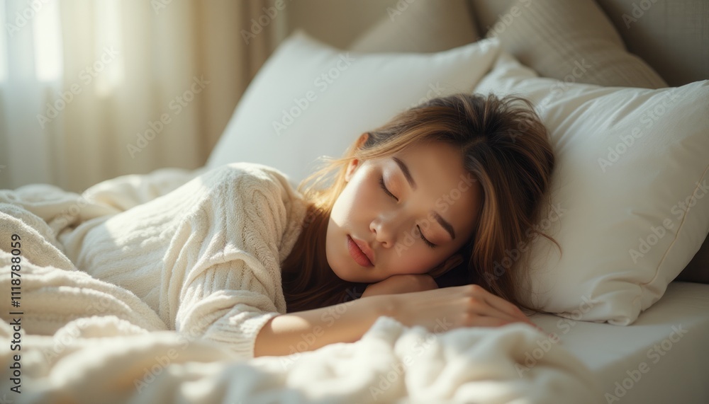 A young woman peacefully sleeps on a plush bed, enveloped in a cozy blanket, with soft sunlight filtering through sheer curtains. Her serene expression and tousled hair create an atmosphere of