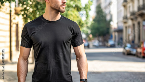 Thoughtful man in a black T-shirt in a quiet urban street. A young man with light skin and a beard looks off-camera, standing outdoors in casual wear surrounded by city buildings. 