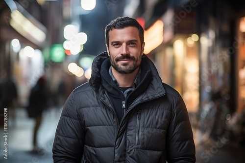 Portrait of a handsome young man wearing winter jacket in a city street.