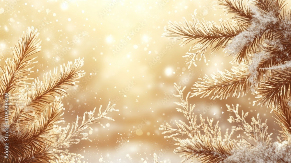 Golden Pine Branches with Snow and a Bokeh Background Golden Pine Branches with Snow and a Bokeh Background