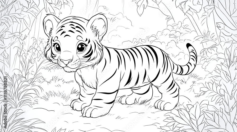 Playful tiger coloring book, engaging page drawing outline jungle, wild wildlife kindergarten preschool illustration, cartoon adorable educational, cute animal fun. Playful tiger coloring book, engaging page drawing outline jungle, wild wildlife kindergarten preschool illustration, cartoon adorable educational, cute animal fun.