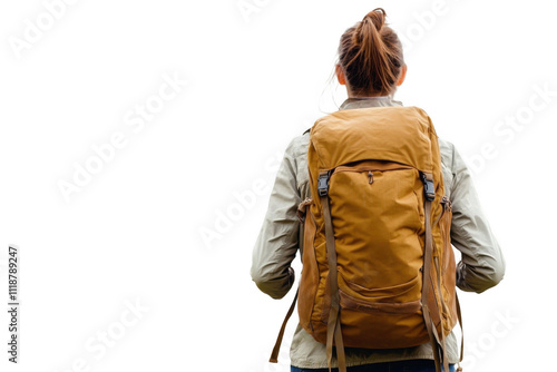 Hiking woman with backpack back view on white background  .png