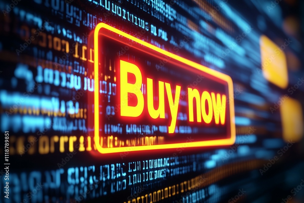 A neon sign with the word Buy Now in orange letters A neon sign with the word Buy Now in orange letters