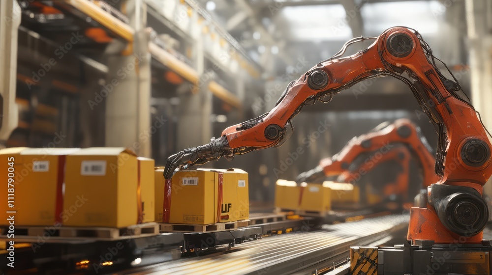Automated robotic arms sorting packages on a conveyor belt in a warehouse setting, showcasing modern industrial automation technology. Automated robotic arms sorting packages on a conveyor belt in a warehouse setting, showcasing modern industrial automation technology.
