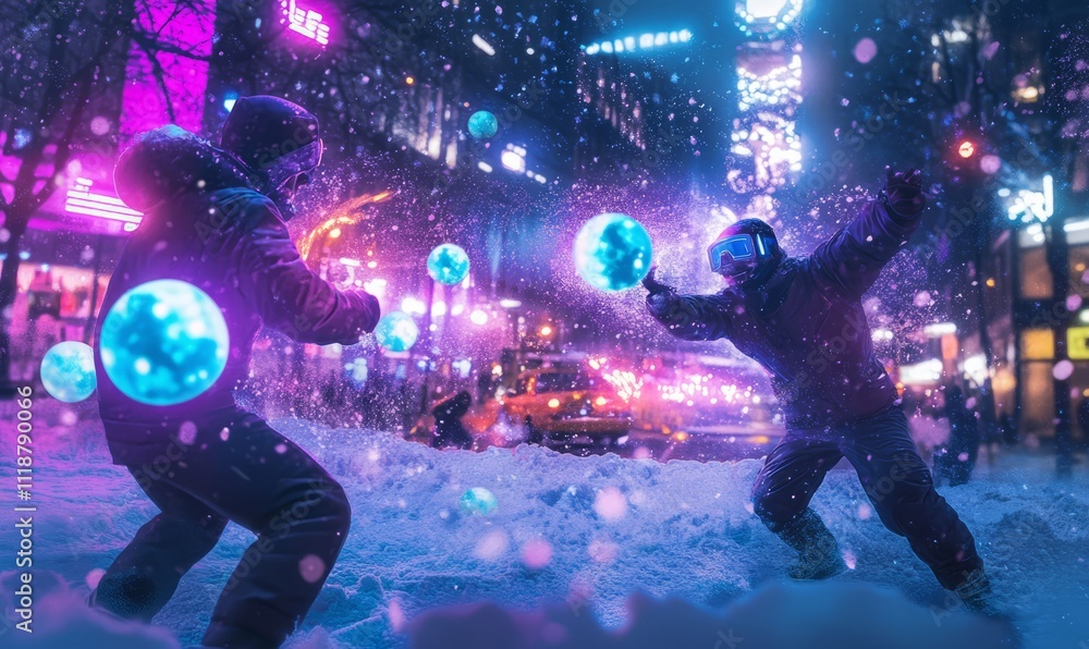 Fototapeta premium A cyberpunk-inspired snowball fight with glowing snowballs in a vibrant neon-lit urban winter landscape,