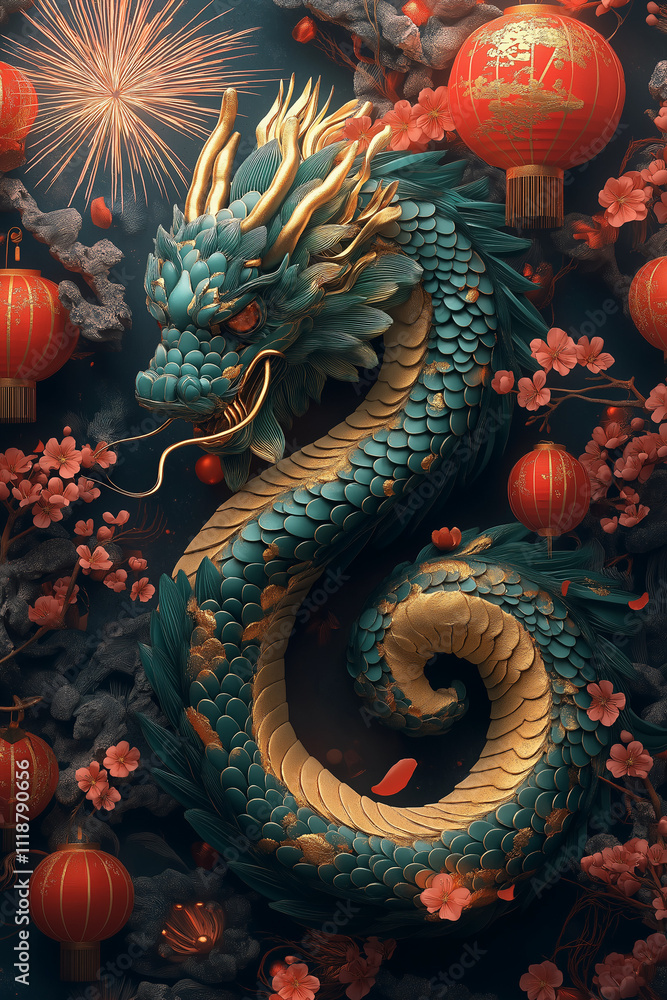 Fototapeta premium Illustration festive de l'Année du Serpent de Bois, avec serpent vert et or, lanternes rouges, lingots d’or et cerisiers en fleurs, entouré de feux d'artifice vibrants pour célébrer le Nouvel An chino