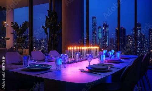 A glowing Hanukkah table with modern decor, vibrant LED menorahs, and futuristic dishes in a sleek urban home, photo