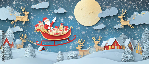 Wallpaper Mural Illustration magique de Noël en art papier avec le Père Noël sur son traîneau Torontodigital.ca