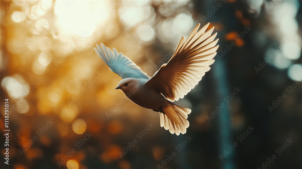 A bird in mid-flight with wings spread wide against a glowing, golden sunset background, symbolizing freedom, hope, and the beauty of nature's serenity. A bird in mid-flight with wings spread wide against a glowing, golden sunset background, symbolizing freedom, hope, and the beauty of nature's serenity.