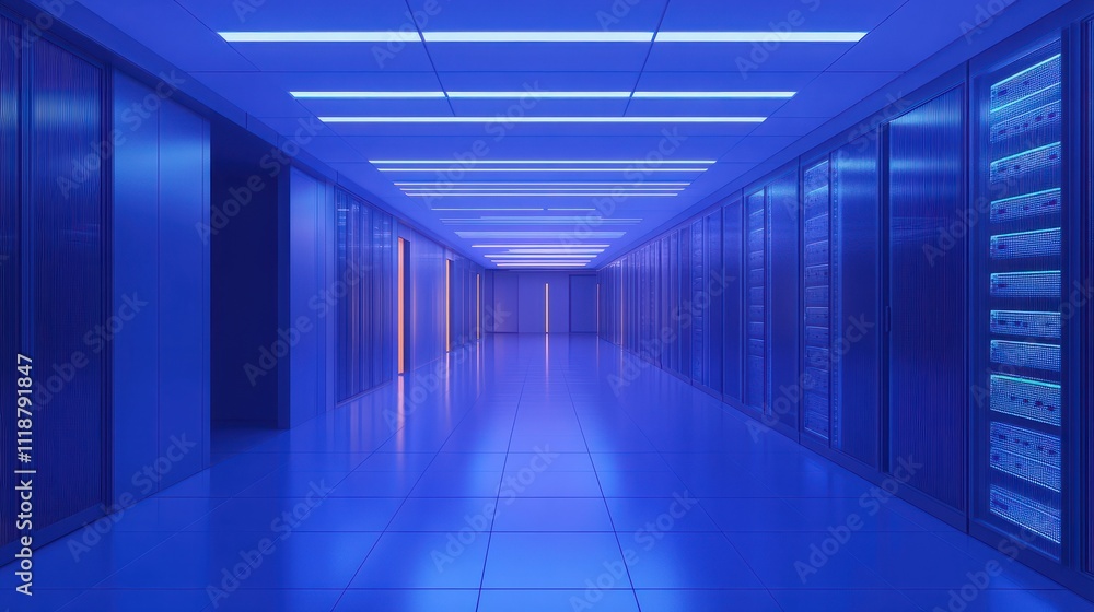 Obraz premium Cloud computing, big data storage, and internet telecommunications modern business concept: data center server room interior in blue light