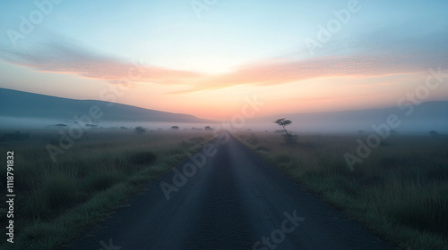 Lion is looking out of a vehicle window. The sun is setting in the background