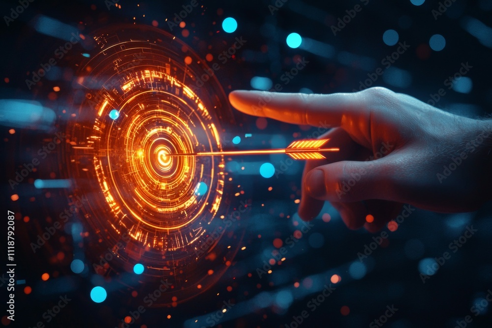 A hand pointing at a glowing circle with an arrow in the middle A hand pointing at a glowing circle with an arrow in the middle
