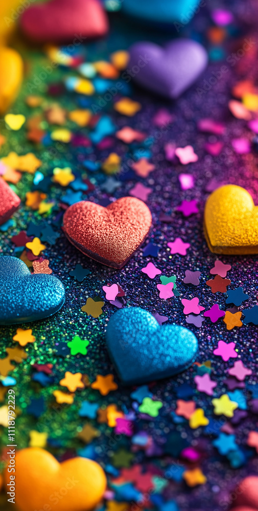 Obraz premium a Colorful rainbow-colored hearts and stars on a rainbow background