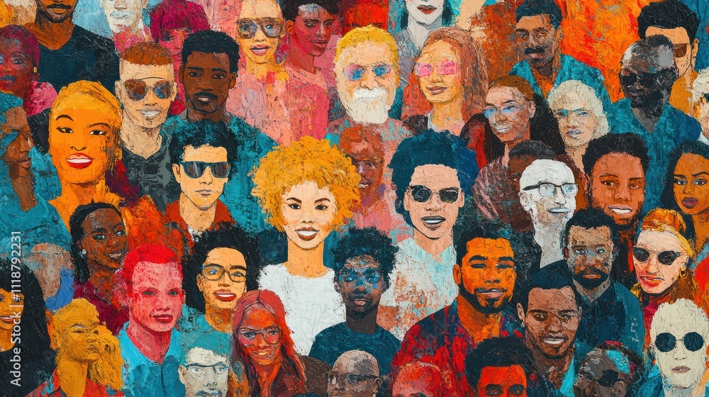 Obraz premium Colorful diverse people crowd abstract art seamless pattern. Multi-ethnic community, big cultural diversity group background illustration in modern collage painting style.