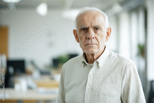 A senior man with a thoughtful look standing indoors, showcasing wisdom and maturity. The subtle office setting adds a professional context.