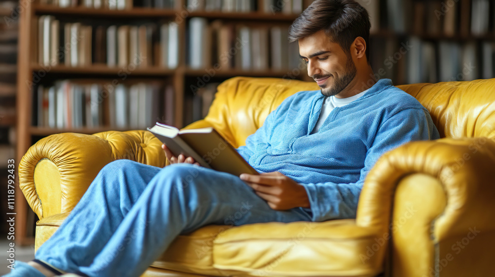 Relaxed man reading a book on a yellow armchair in a library. Relaxed man reading a book on a yellow armchair in a library.