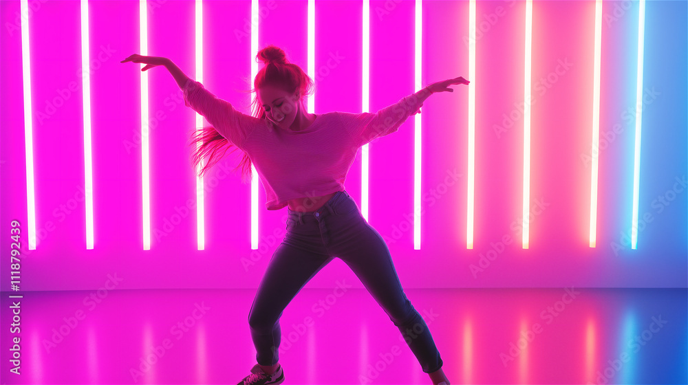 A young dancer performing energetically under vibrant pink and purple neon lights. The dynamic pose and lighting emphasize creativity and motion. A young dancer performing energetically under vibrant pink and purple neon lights. The dynamic pose and lighting emphasize creativity and motion.