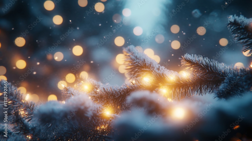 Snowy Evergreen Branch with Warm Lights and Bokeh Snowy Evergreen Branch with Warm Lights and Bokeh