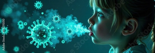 A child exhaling with glowing viruses shown in the air, emphasizing disease transmission, on a dark background. Concept of respiratory infections