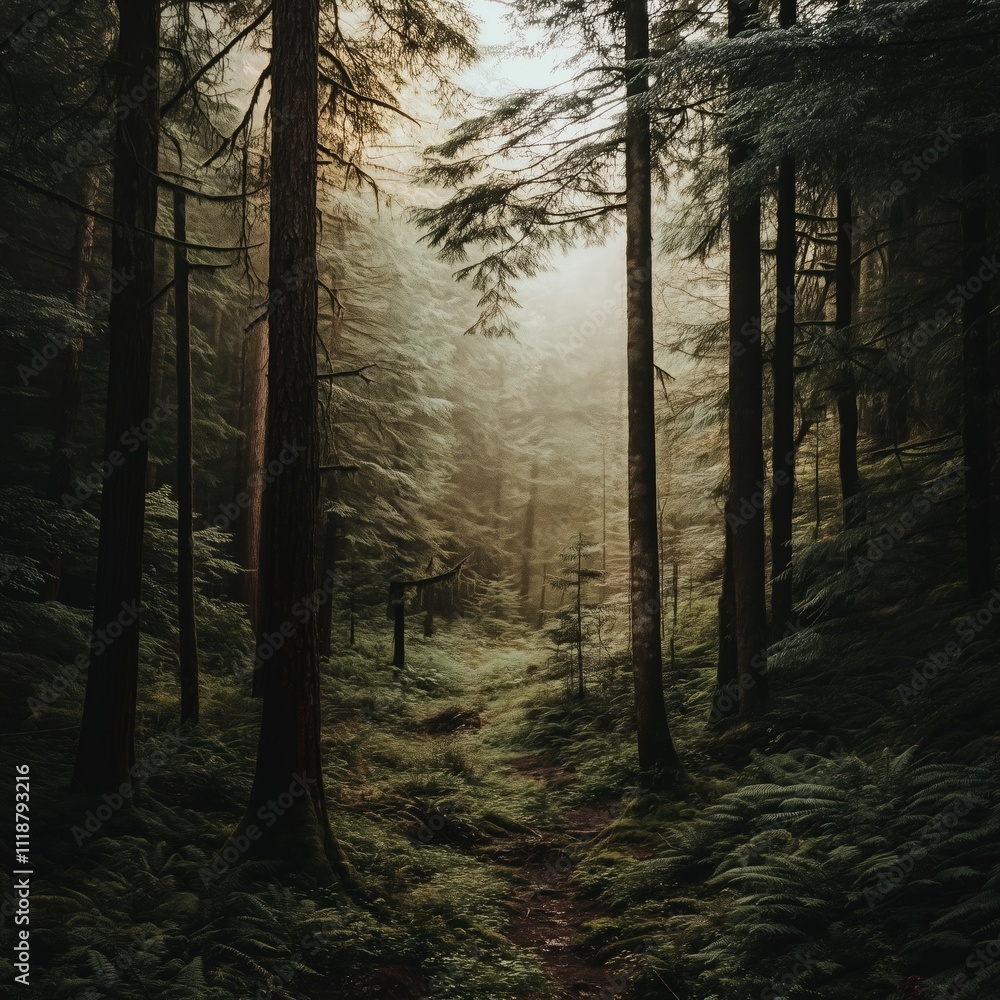 Obraz premium Enchanting path through misty forest with lush greenery and tall trees at sunrise