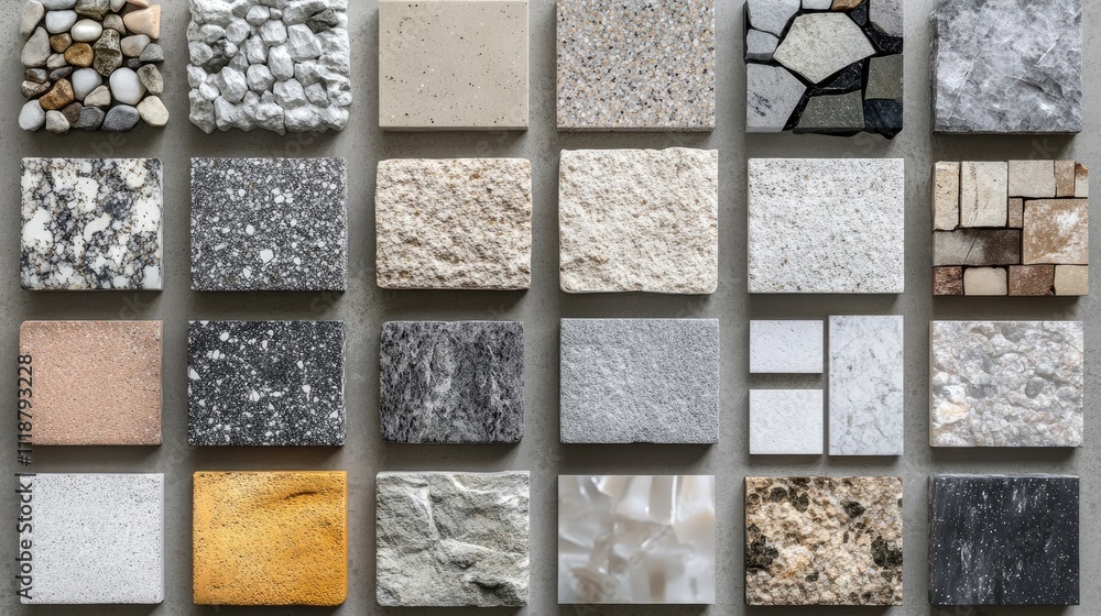 Variety of stone and tile samples displayed in an orderly grid pattern on a flat surface. Variety of stone and tile samples displayed in an orderly grid pattern on a flat surface.
