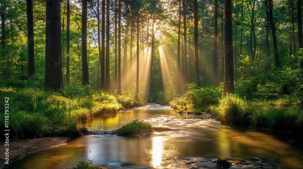 Obraz premium Sunbeams stream through forest, illuminating a tranquil creek.