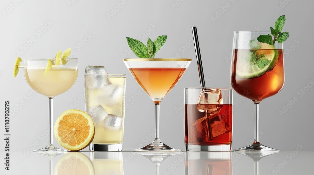 Fototapeta premium A diverse selection of colorful cocktails on a sleek white surface.