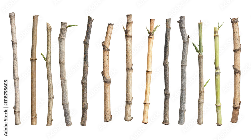 Collection of Bamboo Stalks Arranged in a Line Showcasing Different Colors and Growth Stages, Ideal for Crafts and Construction Projects Collection of Bamboo Stalks Arranged in a Line Showcasing Different Colors and Growth Stages, Ideal for Crafts and Construction Projects