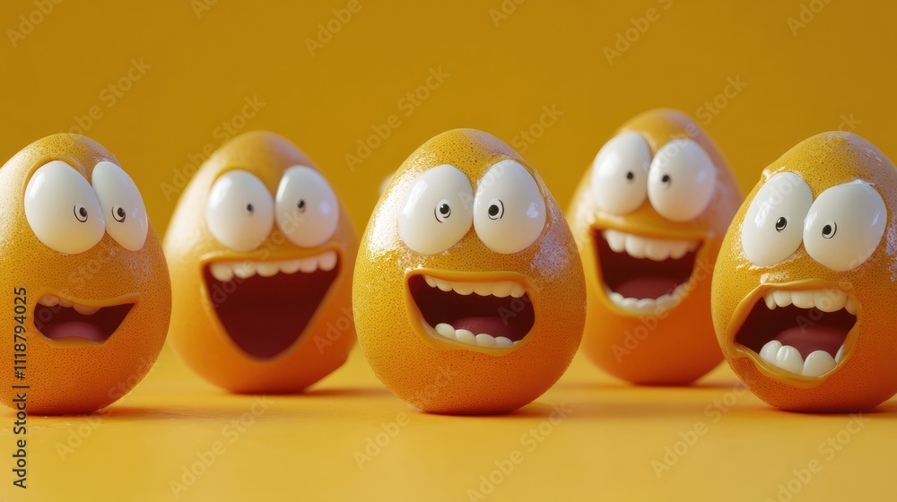 Eggs with funny faces on yellow background Eggs with funny faces on yellow background