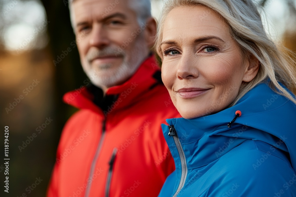 A man and a woman are standing next to each other, both wearing red jackets A man and a woman are standing next to each other, both wearing red jackets