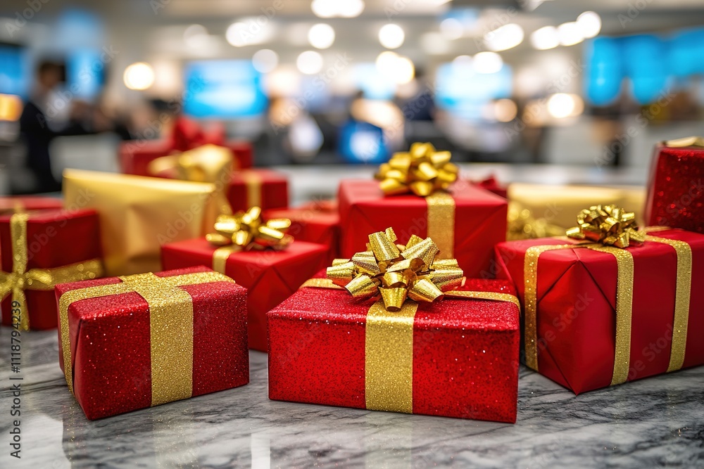 Red and gold gift boxes on marble surface, blurry office background. Red and gold gift boxes on marble surface, blurry office background.