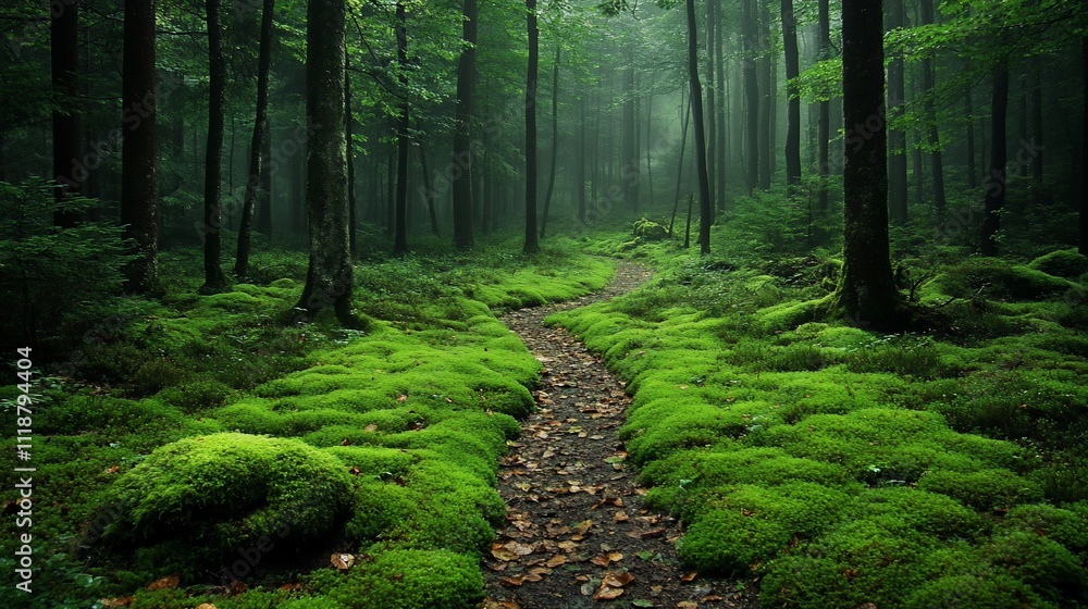Obraz premium Misty forest path through lush green moss.