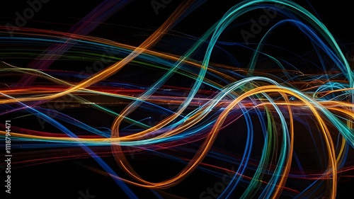Abstract colorful light trails captured in long exposure on a black background