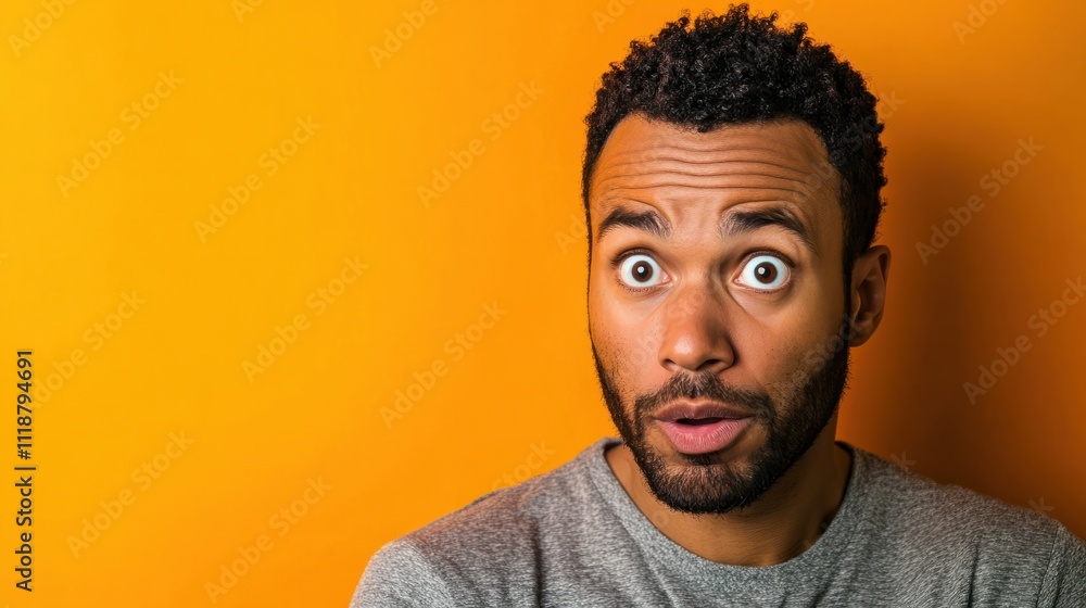 Obraz premium expressive portrait of perplexed man against vibrant orange backdrop dynamic composition highlighting facial features and emotions with bold color contrast