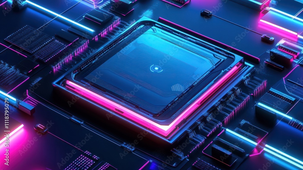Obraz premium Futuristic ai chip with neon lights and digital data stream