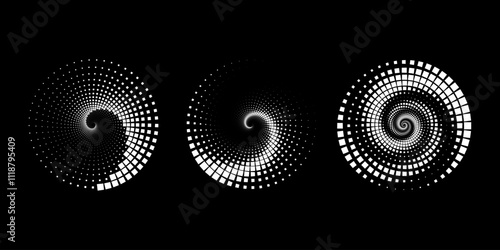 Set of white square halftone dots in vortex form. Geometric art. Trendy design element for logo, tattoo, sign, symbol, web, prints, posters, social media, template, pattern, abstract backdrop
