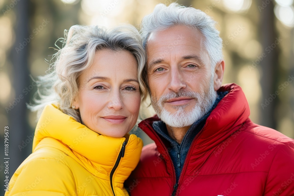 A couple in matching red and yellow coats posing for a picture A couple in matching red and yellow coats posing for a picture