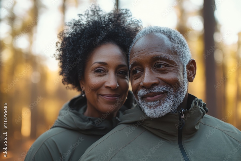 A man and woman are smiling at the camera in a forest A man and woman are smiling at the camera in a forest