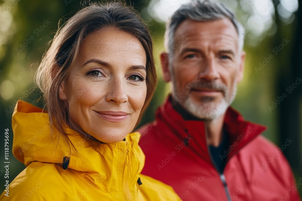 A woman and a man are standing next to each other, both wearing jackets A woman and a man are standing next to each other, both wearing jackets