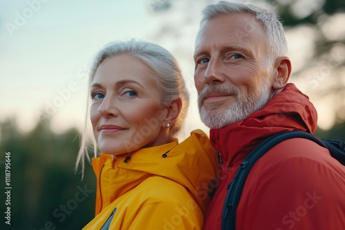 A couple in matching red and yellow jackets pose for a photo