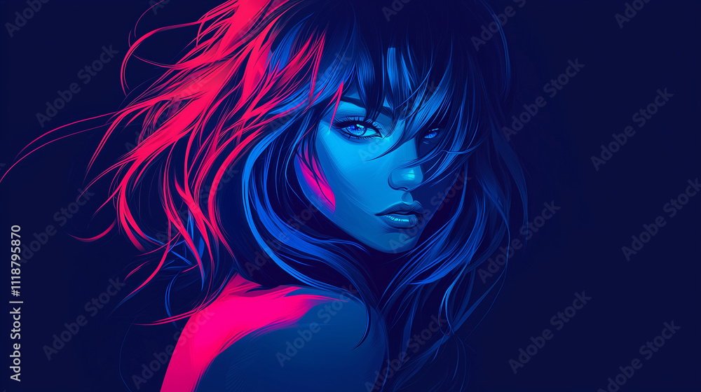 Illustration d’une femme aux cheveux bleus en style néon Illustration d’une femme aux cheveux bleus en style néon