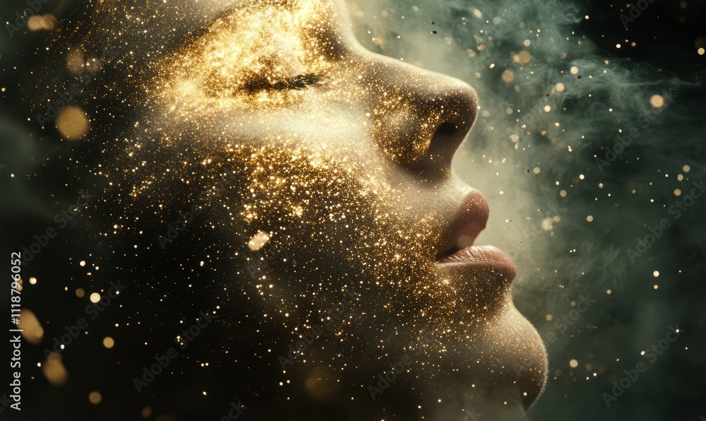 Abstract face dissolving into glowing stardust particles, cosmic energy and creativity concept, dynamic transitions Abstract face dissolving into glowing stardust particles, cosmic energy and creativity concept, dynamic transitions